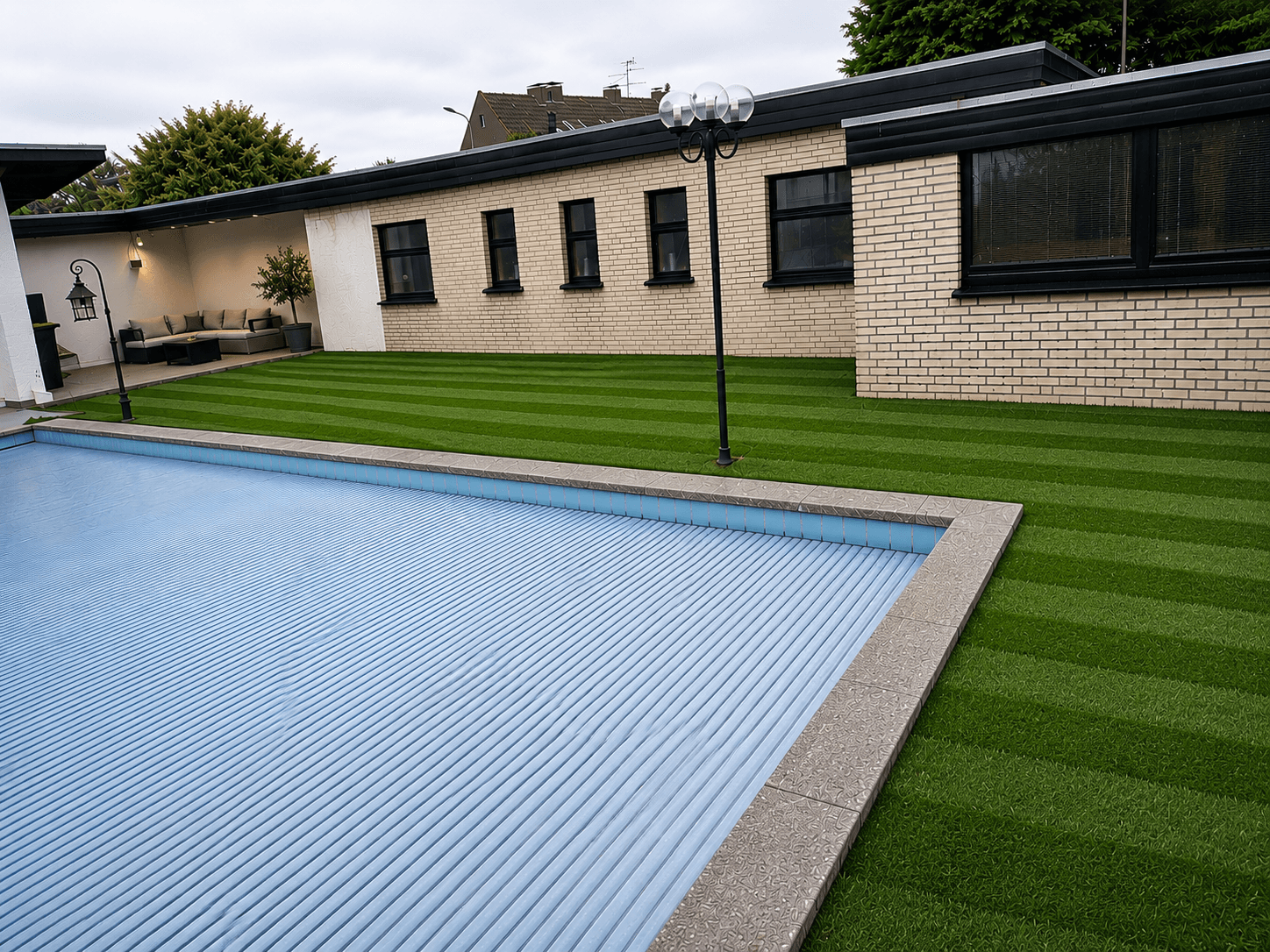 Pool-Garten nachher – perfekter Streifen-Rasen