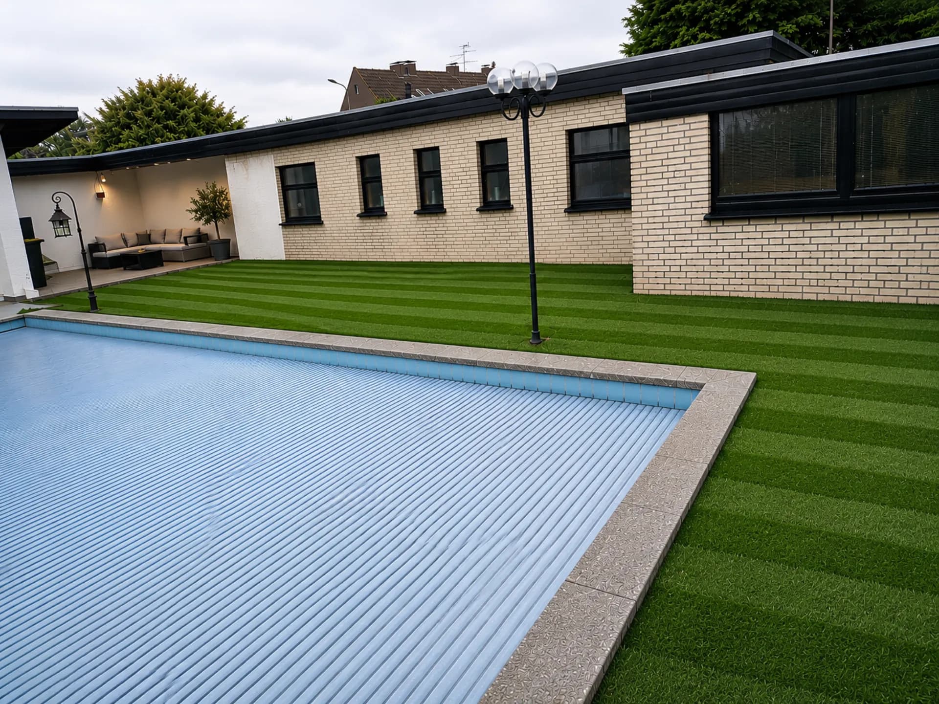 Pool-Garten nachher – perfekter Streifen-Rasen